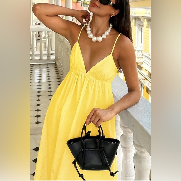 NWT Commense Open Back Midi Sun dress 100% Cotton Butter Yellow sz Medium - Picture 2 of 11